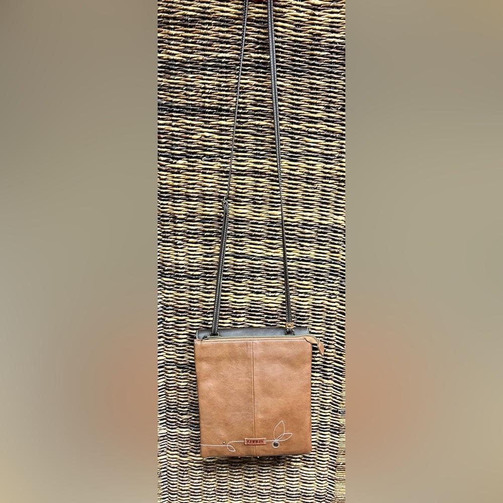 Chala-Brown Crossbody Bag with Floral Embroidery, 9”x10”, Clean inside,back fade - Picture 9 of 10